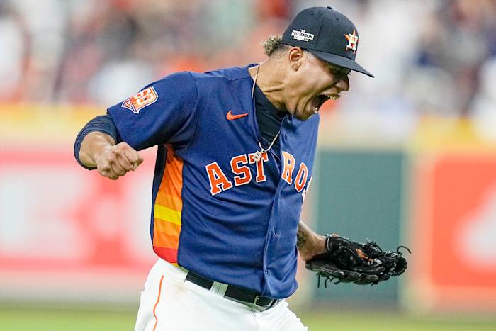 Astros reliever Bryan Abreu reacts after a strikeout.